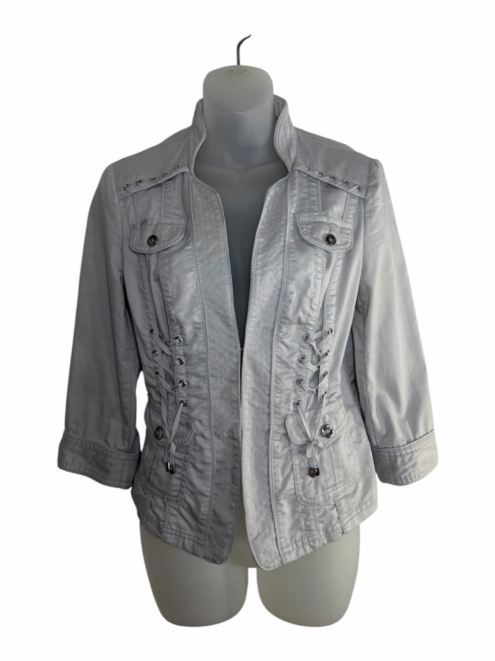 White House Black Market Gray Lace Up Corset Military Utility Jacket Size 4 Y2K